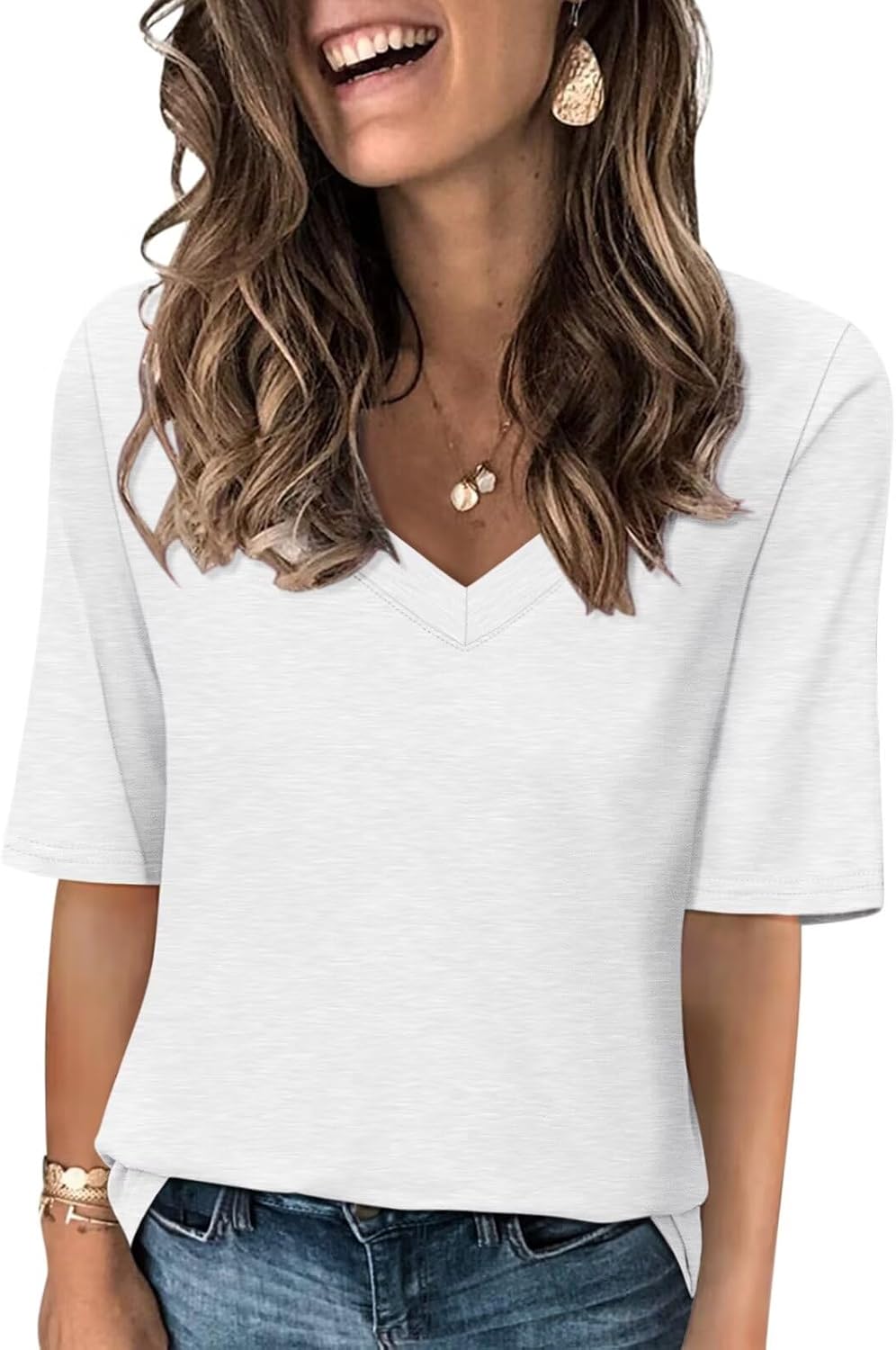 Women's V Neck T Shirts Half Sleeve Tops Casual Solid Summer Tees
