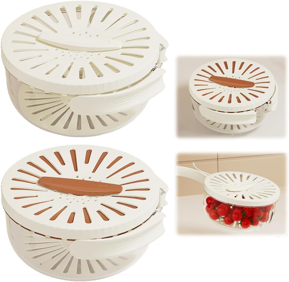 Multifunctional Fruit and Vegetable Washing Bowl, 2 In 1 Sealing Drainer Drain Basket, Fruit Drainer Container with Foldable Handle, Kitchen Sink Drain Basket for Vegetable Washing (White+Brown) Multifunctional Fruit and Vegetable Washing Bowl, 2 In 1 Sealing Drainer Drain Basket, Fruit Drainer Container with Foldable Handle, Kitchen Sink Drain Basket for Vegetable Washing (White+Brown)