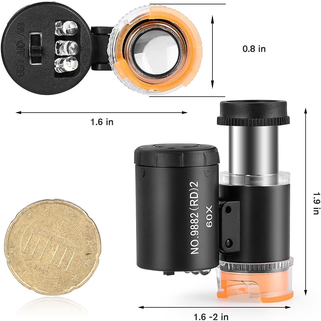 2 Pieces 60X Mini Pocket Microscope, Jewelers Eye Loupe with 3 Light, Portable Magnifying Glass for Handcrafts Jewelry Diamond Gem Coins Currency