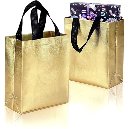 JOURNEY JOY Small Size Pack of 20 Pcs Glossy Metallic Laminated Non-Woven Reusable Eco-Friendly Party Return Gift Bags (Golden) (Small 9.5x10x4 Inch)