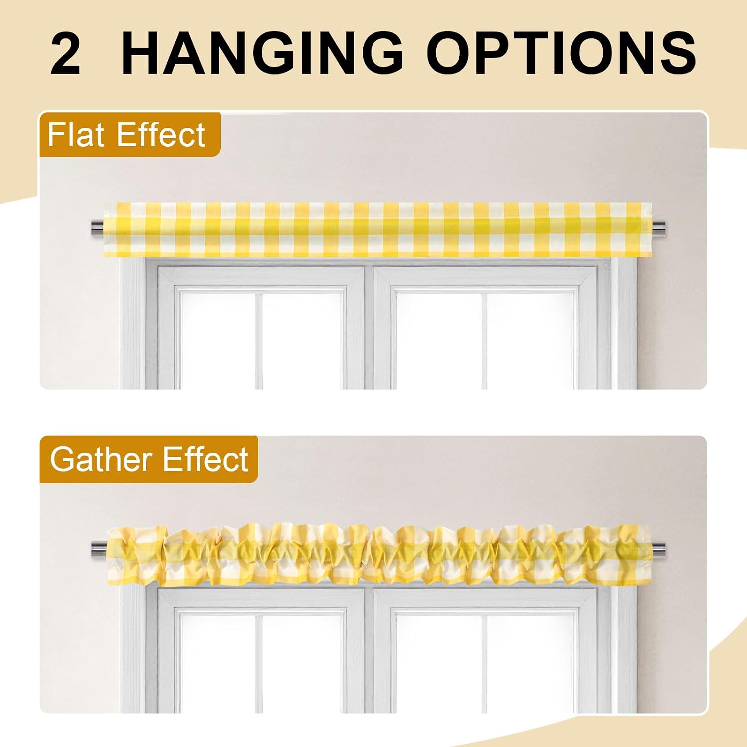 XWZO Sleeve Topper with Top Bottom Ruffle Sleeves Valances Home Décor Window Treatment Bedroom Nursery Kitchen Window Curtain Header, 58" x 5",1 Piece, Checkered-Yellow & White image 5