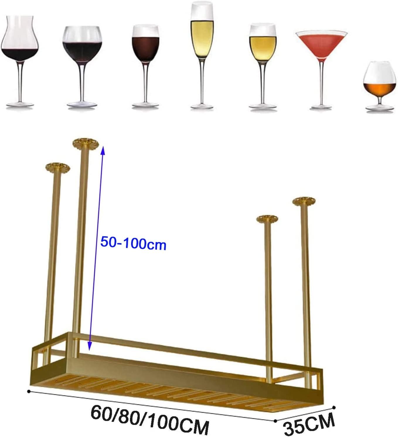 Ceiling Wine Glass Rack Ceiling Wrought Iron Wine Rack,Height Adjustable 50-100cm,Industrial Vintage Goblet Stemware Holder,Kitchen/Restaurants/Bar Storage Rack Display Shelf,Gold