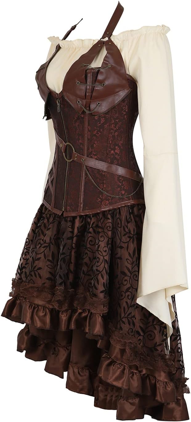 Women Steampunk Leather Corsets Tops with Gothic Skirt and White Off Shoulder Blouse