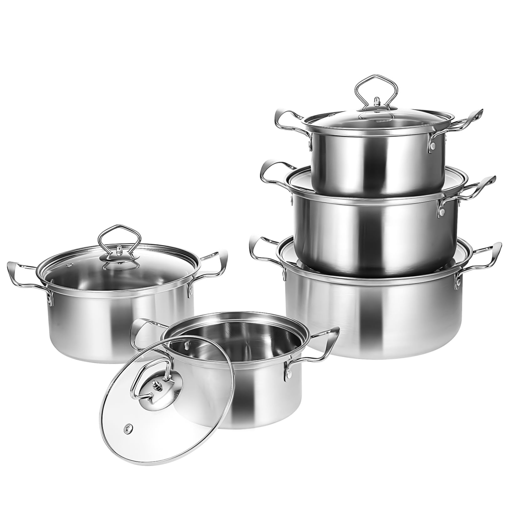 Hemobllo Set Pentole da Minestra 5 Pezzi in Acciaio Inox per Induzione | Coperchi in Vetro, Doppie Maniglie, Finitura Argento, Uso Versatile in Cucina, Set All-in-one