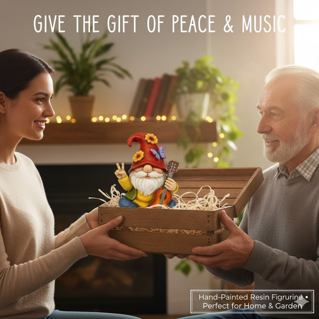 Peace Sign Garden Gnome Figurine Outdoor Statue, Funny Guitar Playing Dwarf Rock Music Decor - 6‘’ Resin Lawn Ornament, Unique Housewarming Gift for Music Lovers & Gardeners (Red) - Image 4