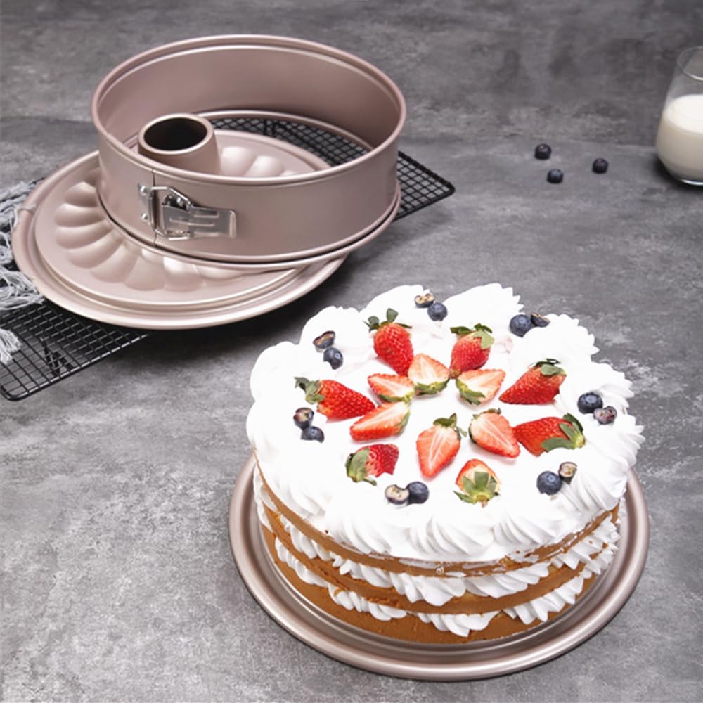 10 Inch Springform Pan with 2 Bases Non-Stick Spring Form and Cheesecake Baking Mold Heavy Duty Carbon Steel Pound Cakes Tube Mould for Oven - Champagne Gold