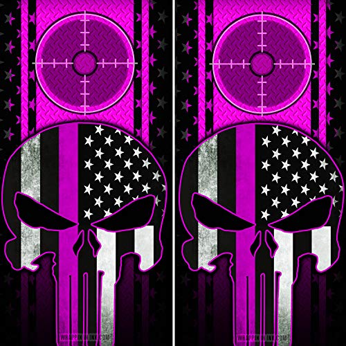 Speed Demon Hot Rod Shop Cornhole Board Wraps ~ Pink Diamond Plate Punisher Skull with Gun Scope Corn Hole Boards Laminated Decal Wraps (Set of 2)