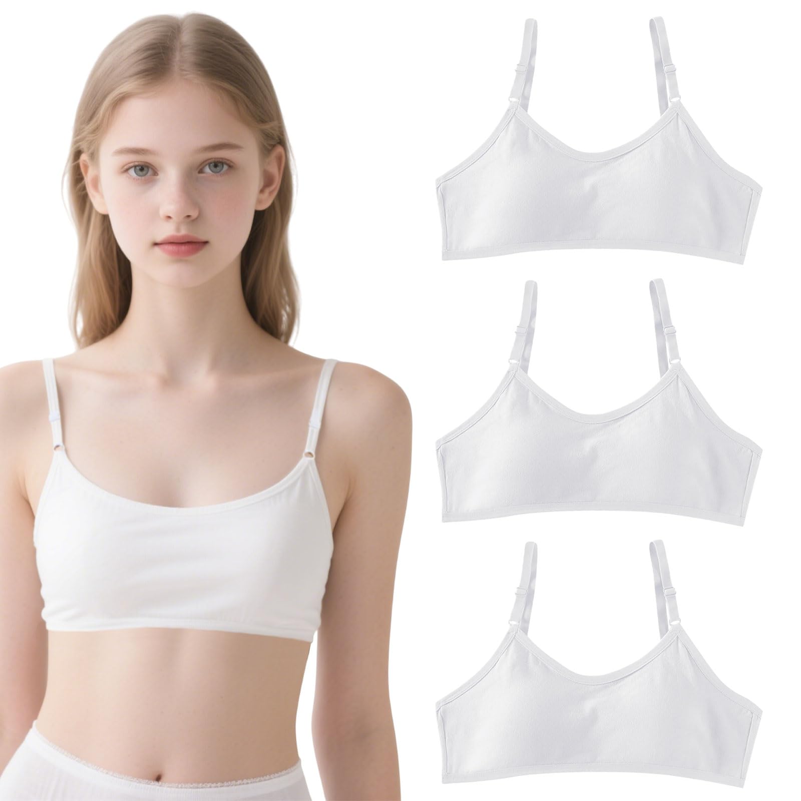 3 Piezas Deportivo de Algodón para Niña Adolescente, Sujetador de Niña Top Básico Sin Aros con Ajustable y Almohadillas de Busto Fijas Bralette, Sujetadores Deportivo para 7 a 18 Años (Blanco)
