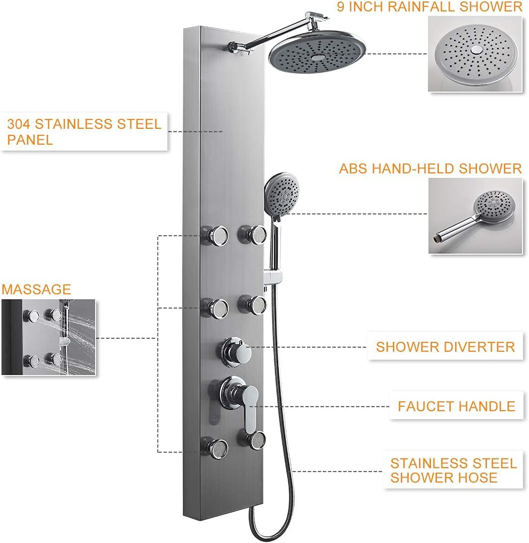 Bеѕt Dеаl 🛒 ROVATE 304 Stainless Steel Shower Panel Tower System, Wall Mounted Shower System with Adjustable Rainfall Shower Head, 6 Body Massage Spray and 5 Function Handheld Shower, Brushed Surface