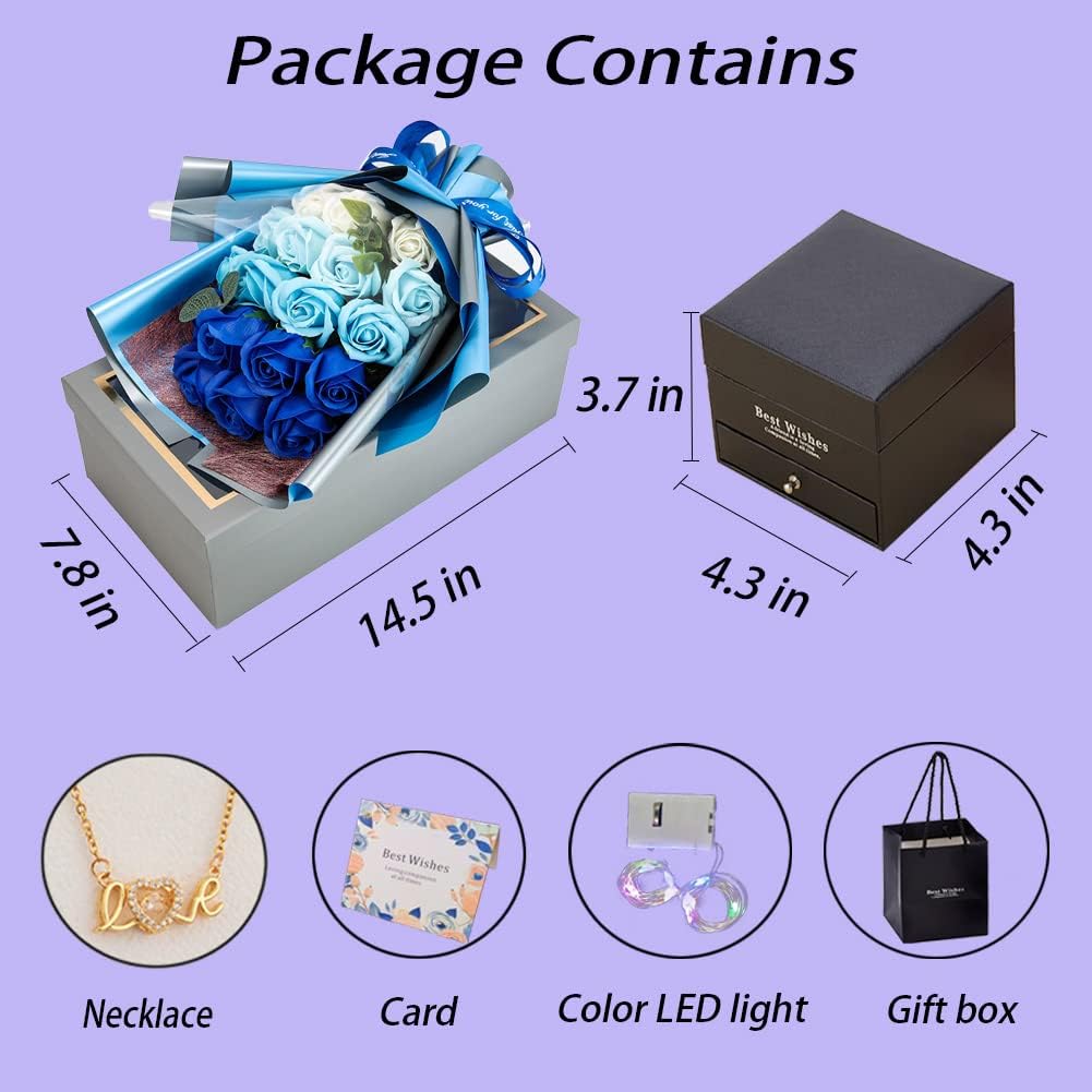 EIGHTOWN Roses Bouquet Artificial Flower - Preserved Blue Rose Flowers with Love Necklace for Her - Unique Gifts Valentine's Day, Mother's Day, Thanksgiving, Birthday, Anniversary - Image 7