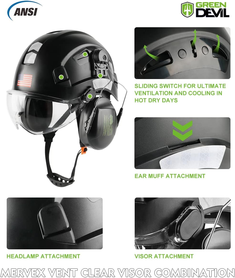 Safety Helmet Hard Hat with Visor and Ear Protection Adjustable Lightweight Vented ABS Work Helmet for Men and Women 6-Point Suspension ANSI Z89.1 Approved Ideal for Industrial & Construction