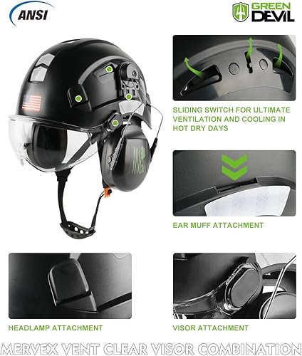 Miniatura 3 de Casco de seguridad con visera y protección para los oídos, ajustable, ligero, ventilado, ABS, casco de trabajo para hombres y mujeres, suspensión de
