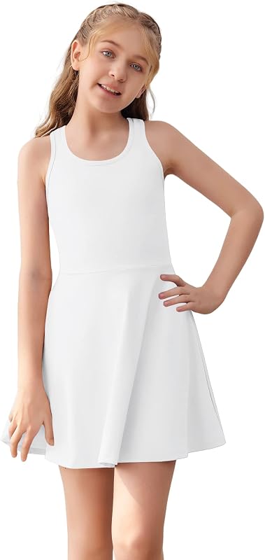 Haloumoning Girls Sleeveless Tennis Dress Athletic Golf Racerback Dress | Built-in shorts with pockets,Sports Dresses Outfit,Girls Athletic Outfit for tennis, golf, school or play