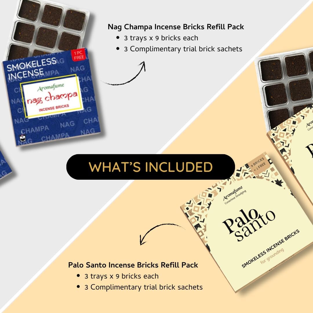 Aromafume Incense Brick Refill Pack – Nag Champa & Palo Santo (2 Variants, 3 Trays x 9 Bricks Each) | Ideal for Spirituality, Meditation & Rituals | Natural, Low Smoke, Non-Toxic | Sandalwood, Jasmine