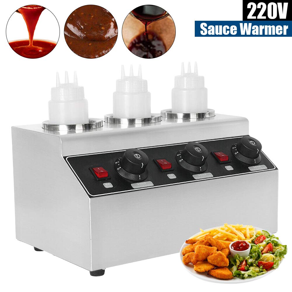 Elektryczny podgrzewacz do sosów, bufetu, pojemnik grzewczy do potraw ze stali nierdzewnej, ogrzewacz do butelek, 220 V, komercyjny podgrzewacz do sosów, 3 butelki 30℃-85℃