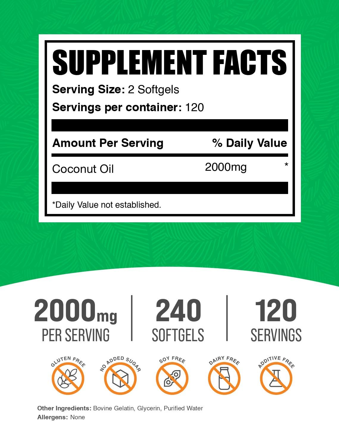 BulkSupplements.com Coconut Oil Softgels - Cold Pressed Coconut Oil for Hair and Skin Support, Herbal Supplement - Gluten Free, 2 Softgels per Serving (2000mg), 240 Count (Pack of 1)