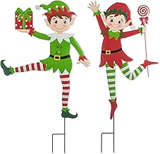 Glitzhome Set of 2 Metal Dancing Elf Yard Sign with Stake, 35.75" H Christmas Decorative Wall Hanging Decoration for Garden Home Lawn Pathway Walkway