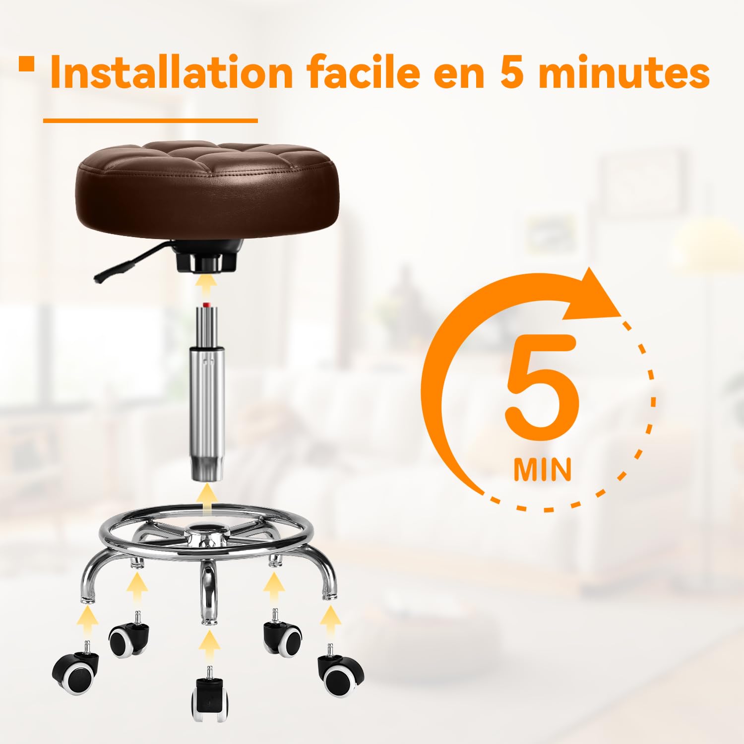 Tabouret Bureau à Large Cousin,Tabouret à Roulettes avec Repose-pied,Tabouret Roulettes Professionnel Réglable en Hauteur,Tabouret a Roulette avec Structure Métallique Robuste pour Cuisines (Marron)