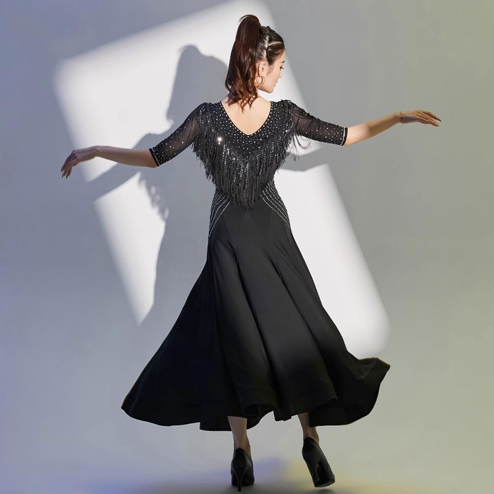 Sukienka do Tańca Standardowego National Standard Spódnica do Tańca Walca ze średnim Rękawem dla Pań Strój Flamenco z Frędzlami Foxtrot Kostiumy Salsa Tango Ze Strasami