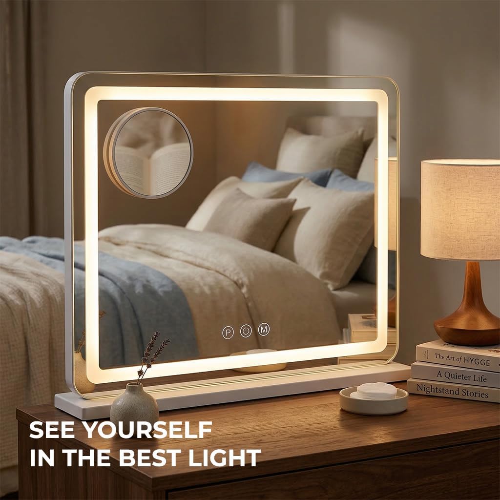 Vanity Mirror with Lights 18"x23", Lighted Makeup Mirror with 3 Color Lighting Modes, 10X Magnification, Vanity Mirror Square White for Bedroom Tabletop - White