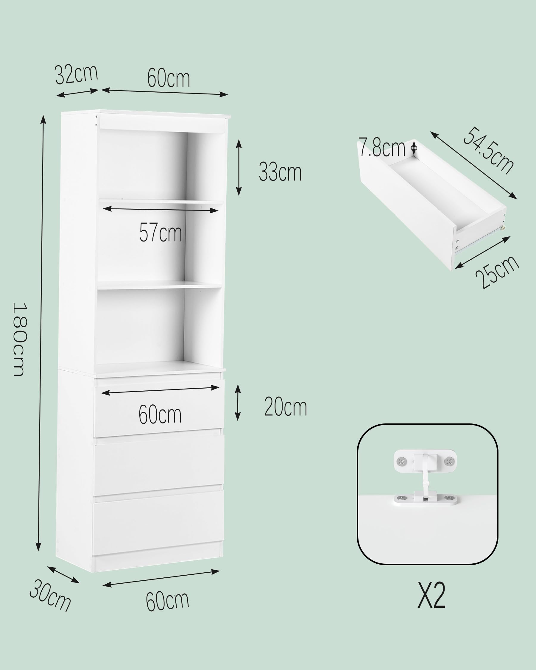 Mobile Cucina 180cm Alto 60cm Largo Credenza Soggiorno con Cassetti Armadio Salvaspazio Mobile Bianco