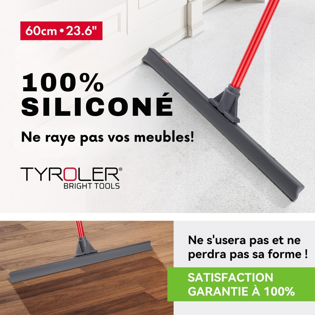 Tyroler Balai Raclette Sol Extérieur Terrasse | Tête de 60 cm 100% Silicone | 4 Parties de 140 cm de Long | Idéal pour Toutes Les Surfaces | Raclette Douche Sol | Raclettes Professionnelle