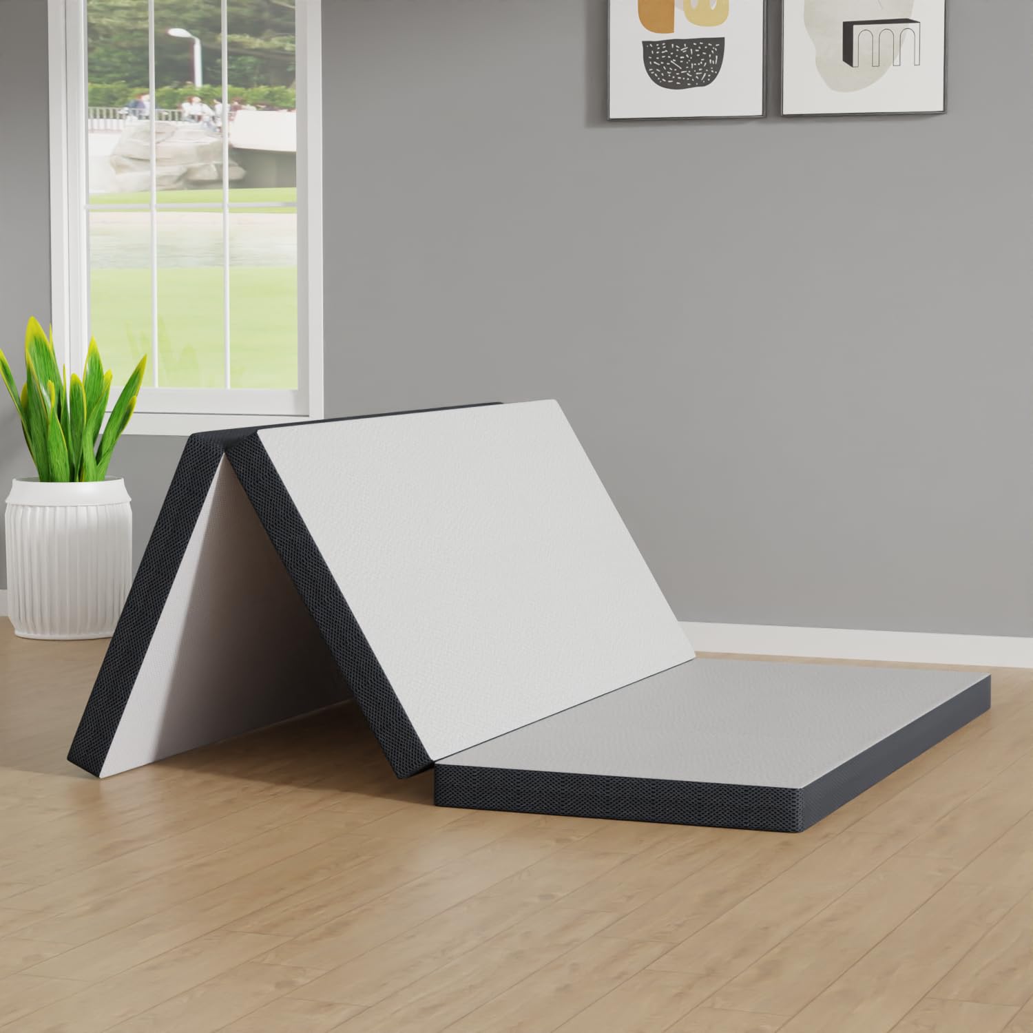 PayLessHere 3 inch Memory Foam Tri Folding Mattress/Portable Foldable Mattress Topper with Washable Cover Non-Slip Bottom for Camping, Guest, Floor RV