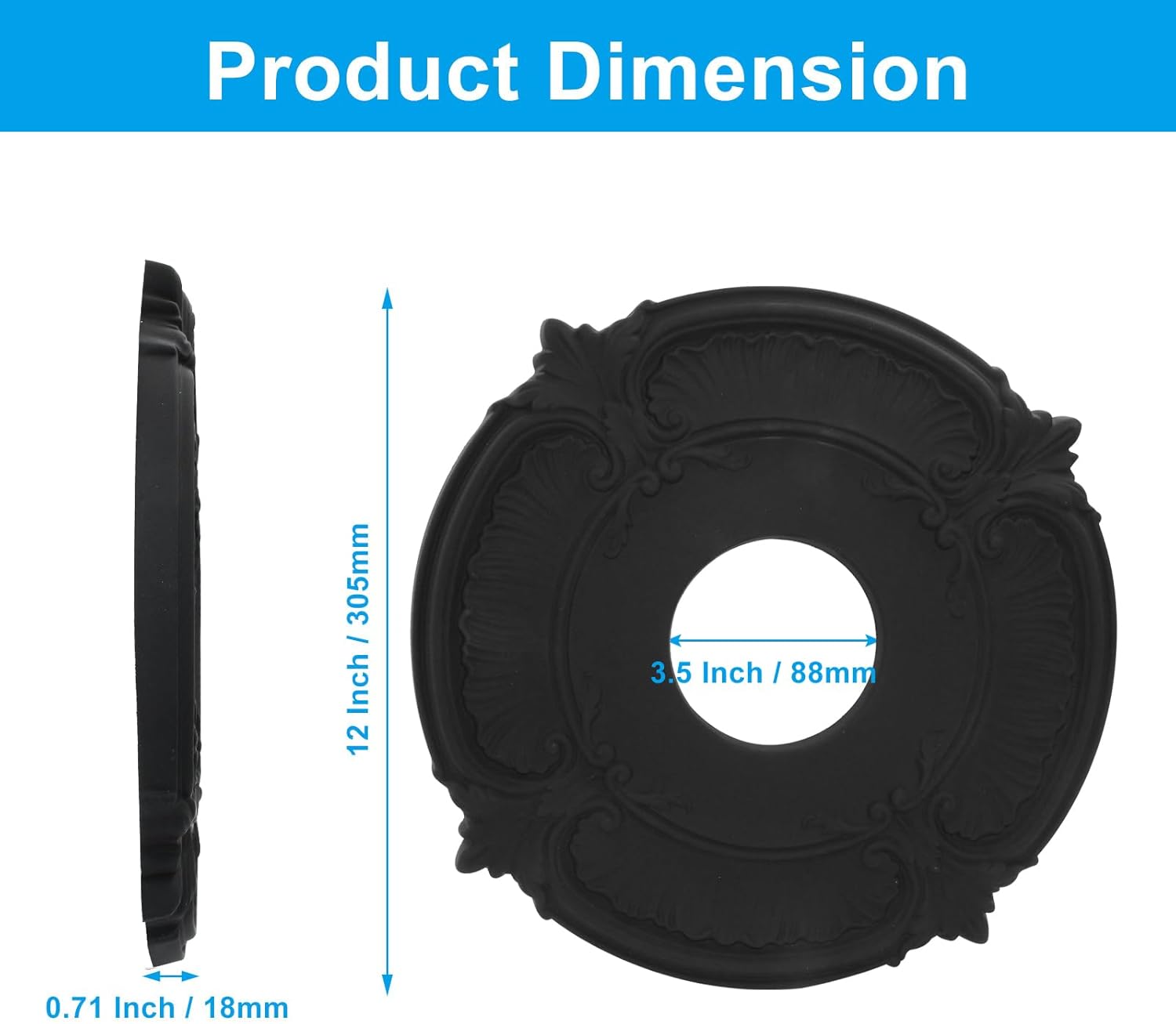 2 Pack PU Ceiling Medallion for Chandeliers, 12 Inch OD x 3.5 Inch ID Chandelier Medallion Ceiling Fan Decorative Plate, Black Home Lighting Ceiling Medallions Cover Plate for Light Trim