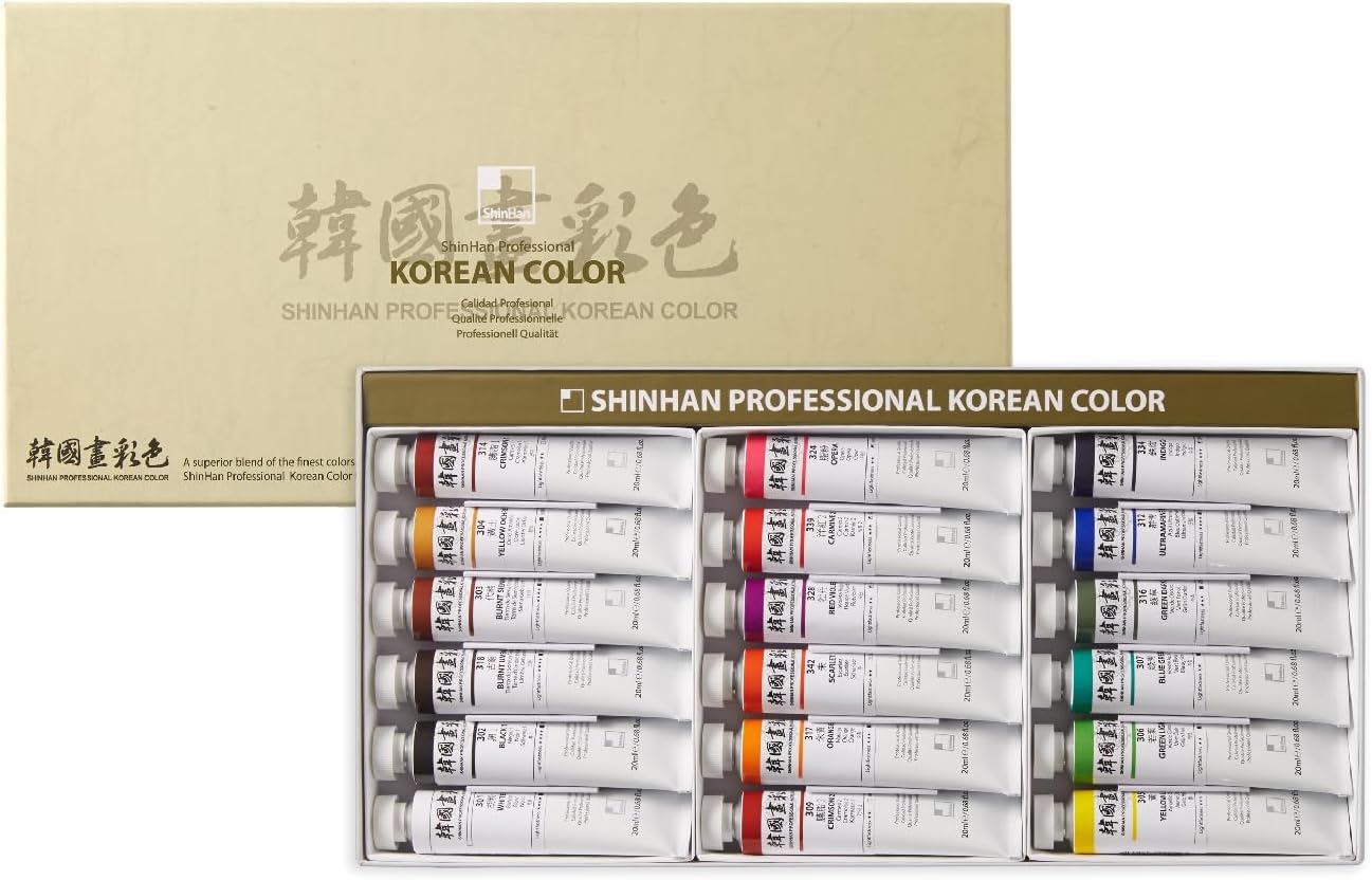 ShinHan Professional Korean Color 20ml Tube 18 Colors Set - Oriental Fine Art Paint for Hanji and Mixed Media Creativity