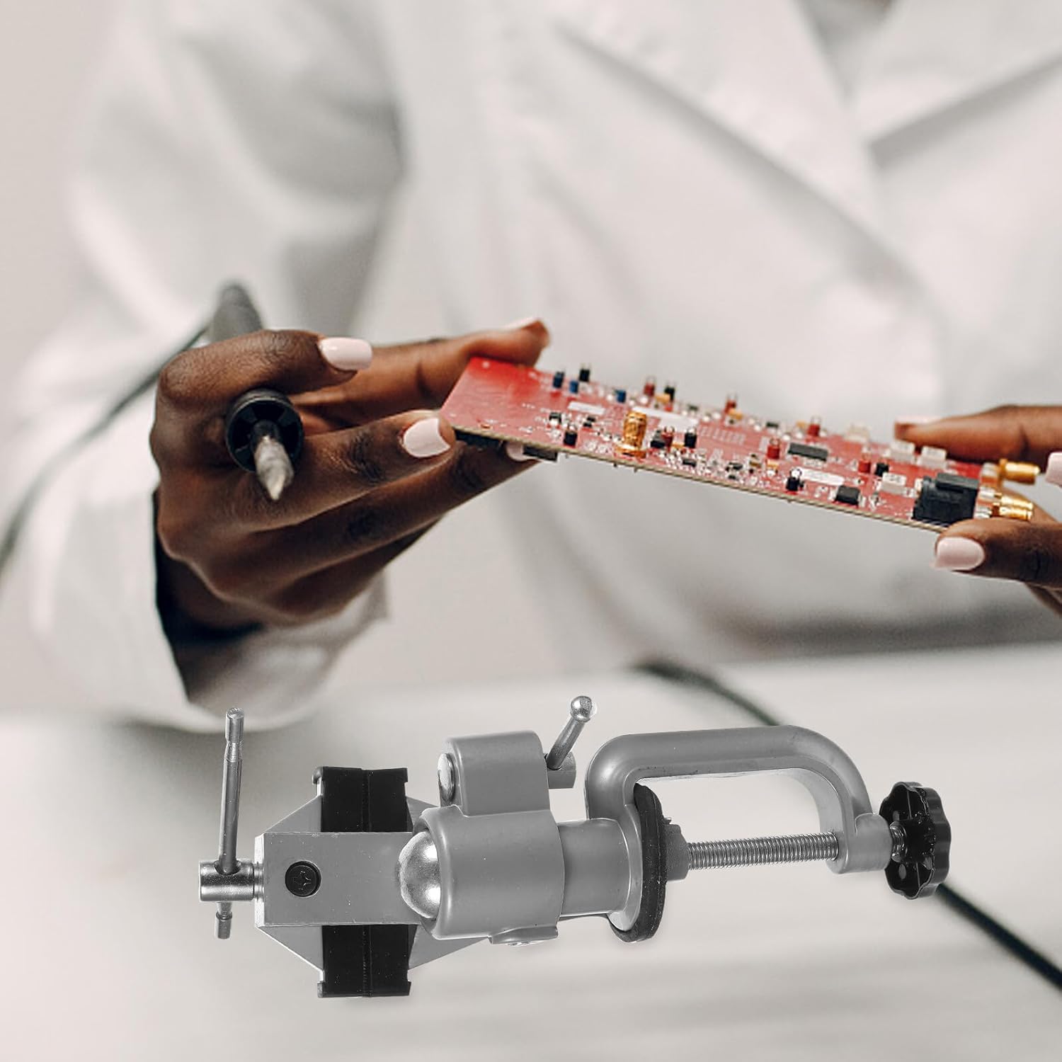 Rotatable Workbench Table Vise Clamp with Drill Bracket Multipurpose Woodworking Clamp for Parts Holding Portable Home Workbench Tool with Tilt Function Fits Tables Up to Thick