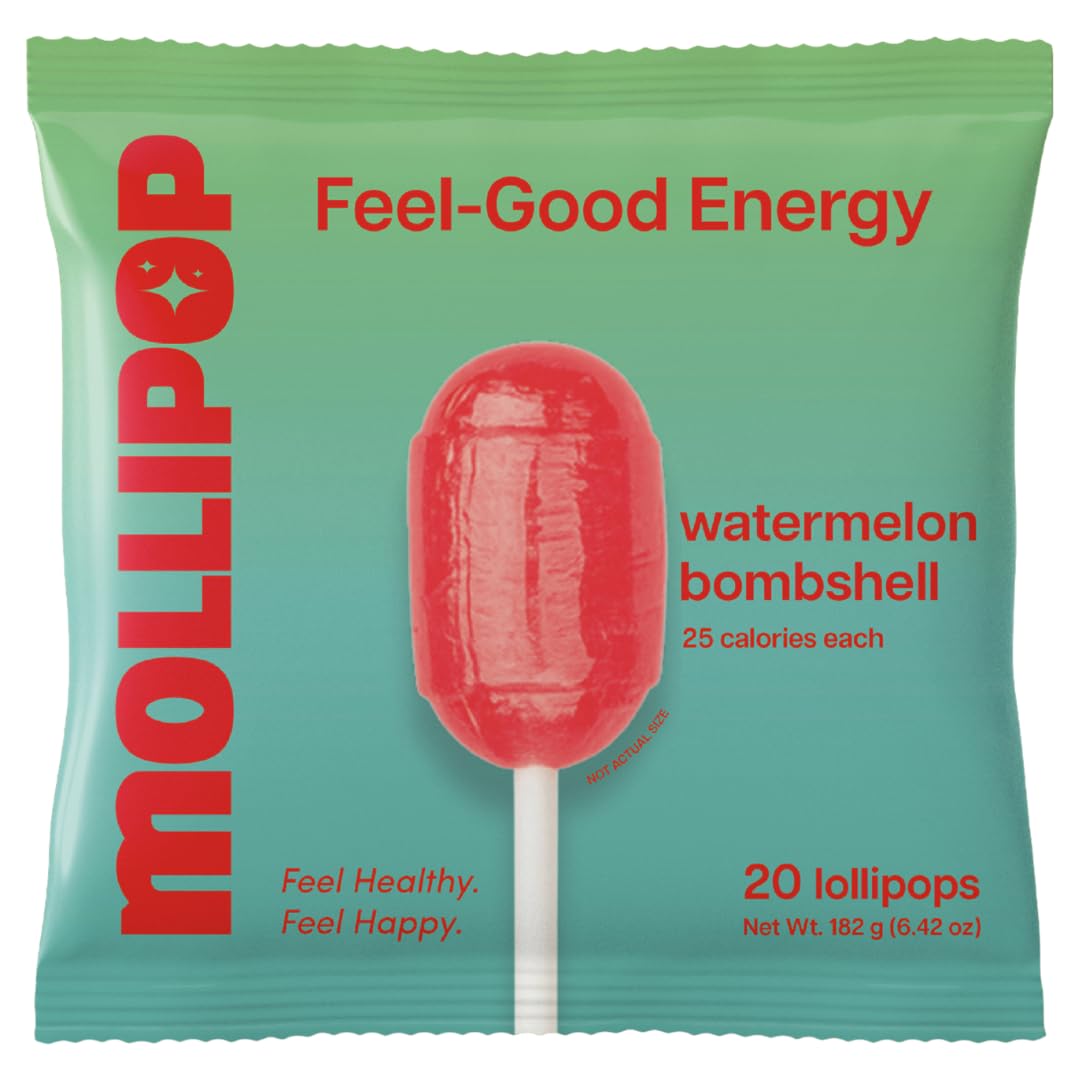 Mollipop Feel-Good Lollipops Candy – Watermelon Flavor – Crafted with Yerba Mate, L- Theanine, Collagen Peptides & Electrolytes – 25 Calories Each – Individually Wrapped Pops in Resealable Bag (20 Count)
