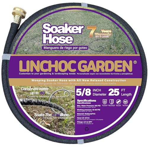 LINCHOC GARDEN 5/8 Inch 25FT Soaker Hose - High Flow Flexible Design for Medium Lawns Flower Beds | Durable Eco-Friendly & Root-Targeted Water-Saving