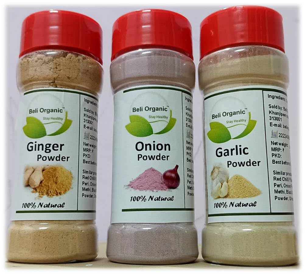 Beli Organic 100% Natural Onion Powder, Garlic Powder and Ginger Powder (Adrak/Saunth) Combo of 1 Pack Each (3*50 gm) with Sprinkler Cap Bottles for Cooking or Seasoning & Flavoring | Dried Onion-Ginger-Garlic powder (B0DFHDP6ZQ) Amazon Price History, Amazon Price Tracker