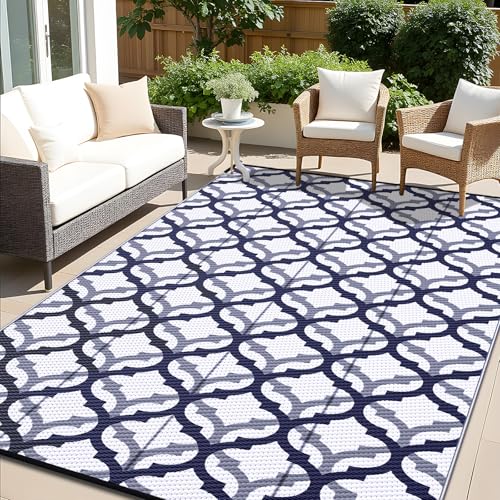 OLANLY Outdoor Rug 8x10 ft Waterproof Reversible Braided Mat, Navy & White