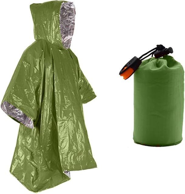 Yoowish Emergency Blankets Ponchos,Aluminum film reflection Reusable Emergency Survival Raincoat for Outdoors, Hiking, Camping (100*120cmGreen)