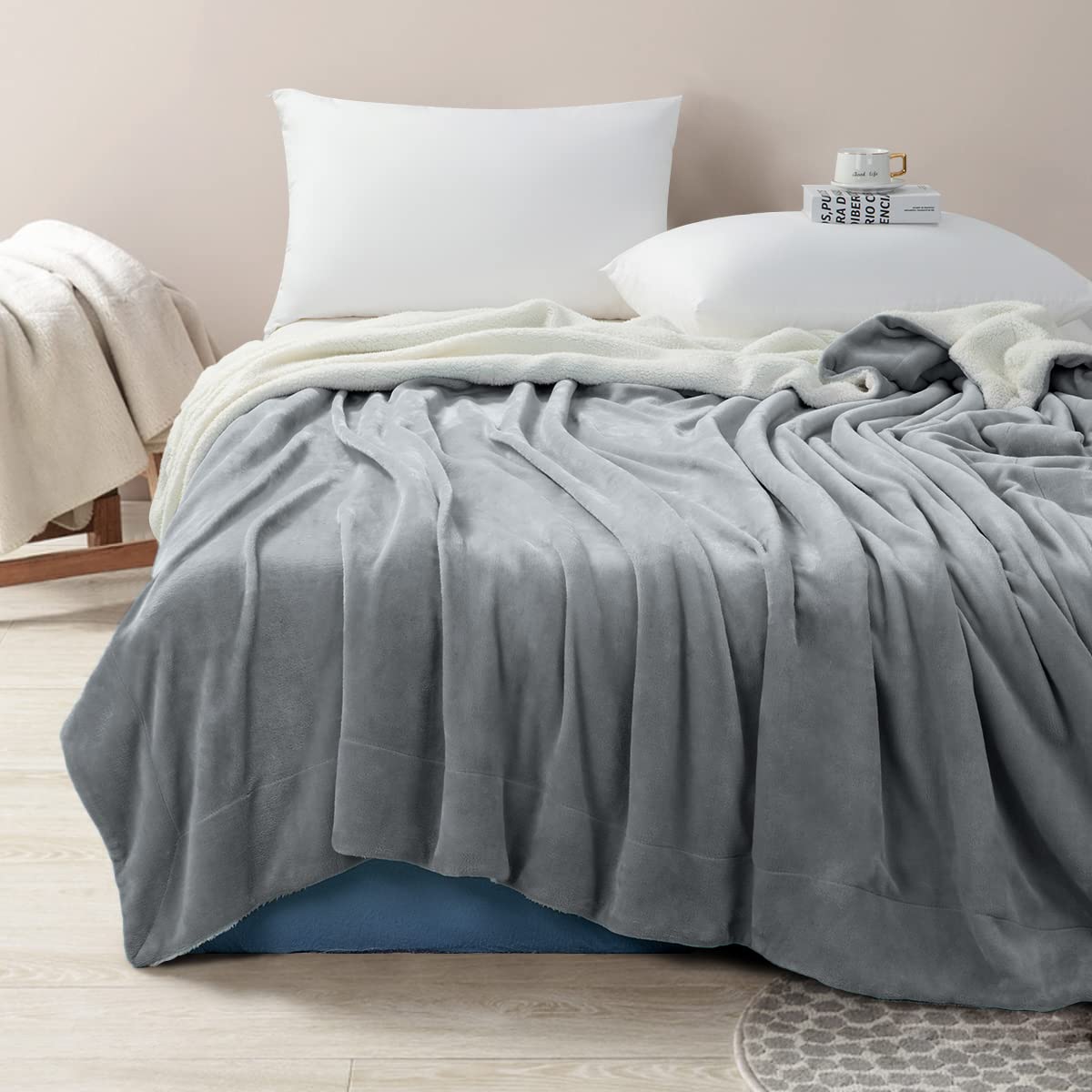 DEITAS Sherpa Fleece Blanket Reversible Fuzzy Blanket Super Soft Blanket Plush Fluffy Blanket for Couch, Sofa, Bed - Large Coverlet All Season (Grey, Queen)