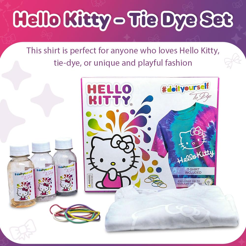INNOVACTION TOYS – Hello Kitty - Tie Dye Set - Set Includes with a T-Shirt, 3 Colored Paints, Lining, Gloves and Elastic Bands, Pack of 1 (S)