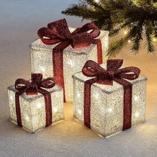 Taylor & Brown Set of 3 LED Light Up Decorative Coloured Parcel Presents Set with Bow Indoor Outdoor Decoration Xmas Lights (Silver & Red)