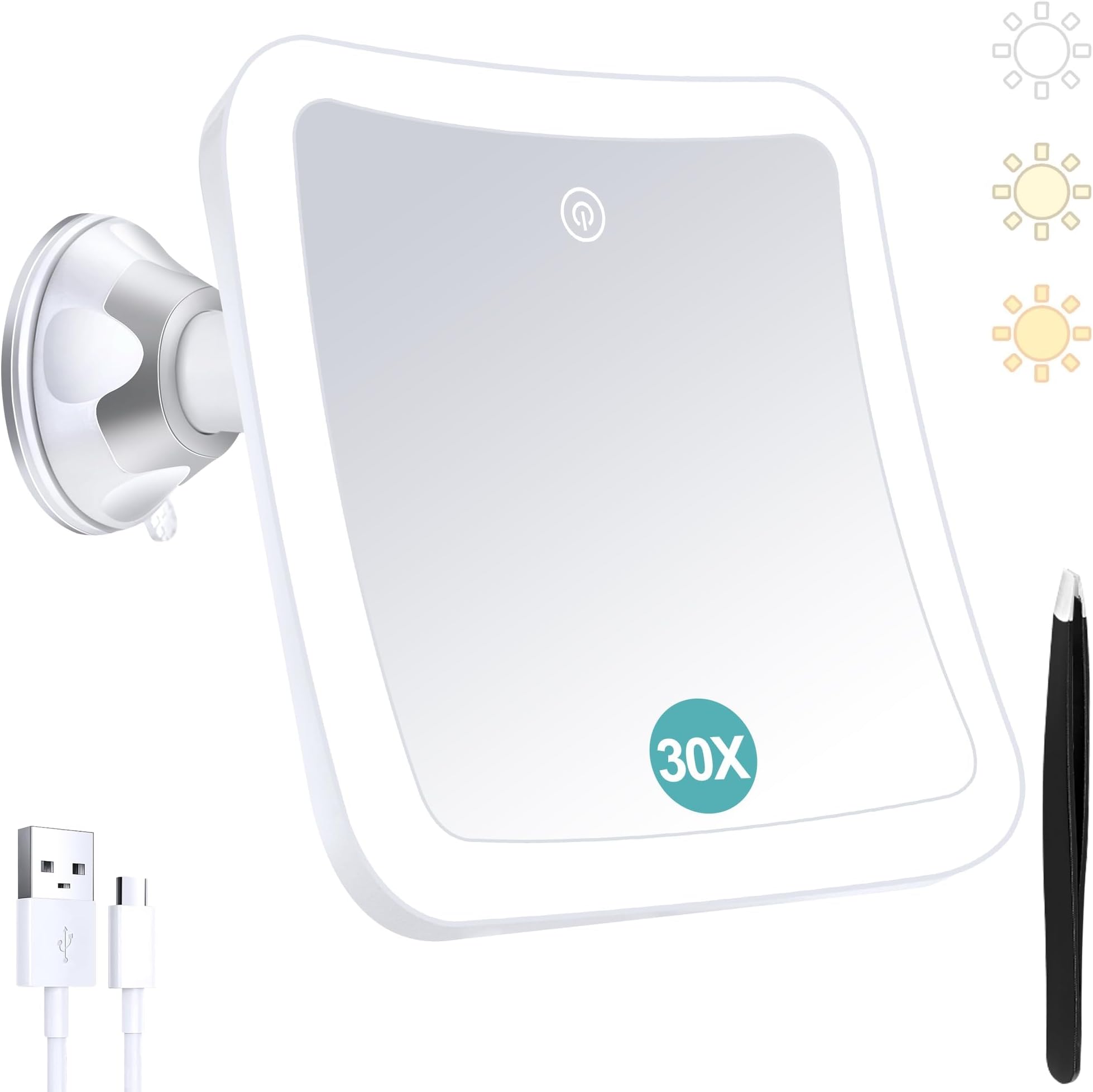 Magnifying Mirror with Light,30x Magnifying Lighted Vanity Mirror with Touch Control and Suction Cup, Rechargeable,3 Colours Lighting,360° Rotation, Bathroom Vanity and Travel Mirror, Square