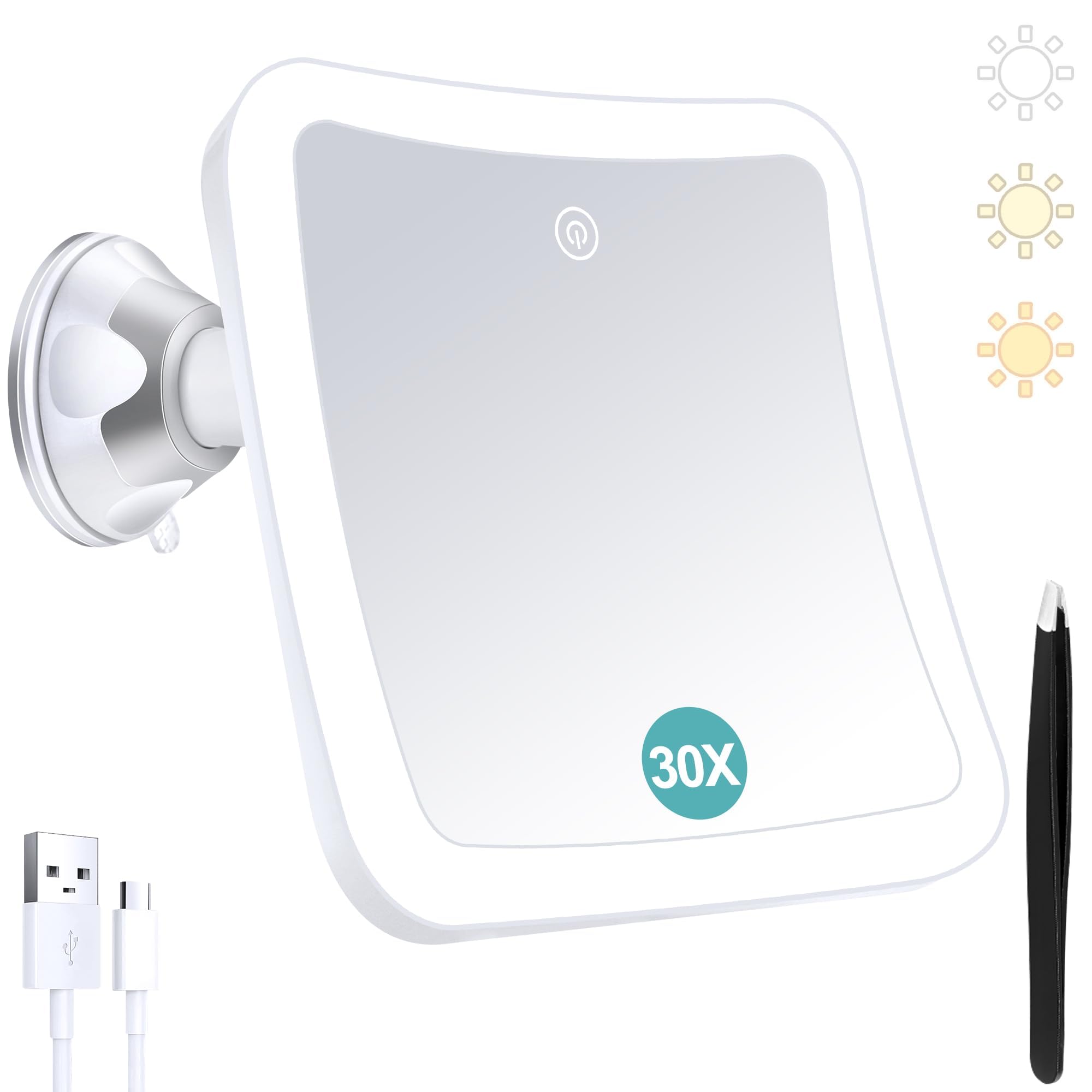 30x Shaving Magnifying Lighted Vanity Wall Mounted Mirror with Touch Control and Suction Cup, Rechargeable, 3 Colours Lighting, 360° Rotation, Bathroom Vanity Mirror, Square