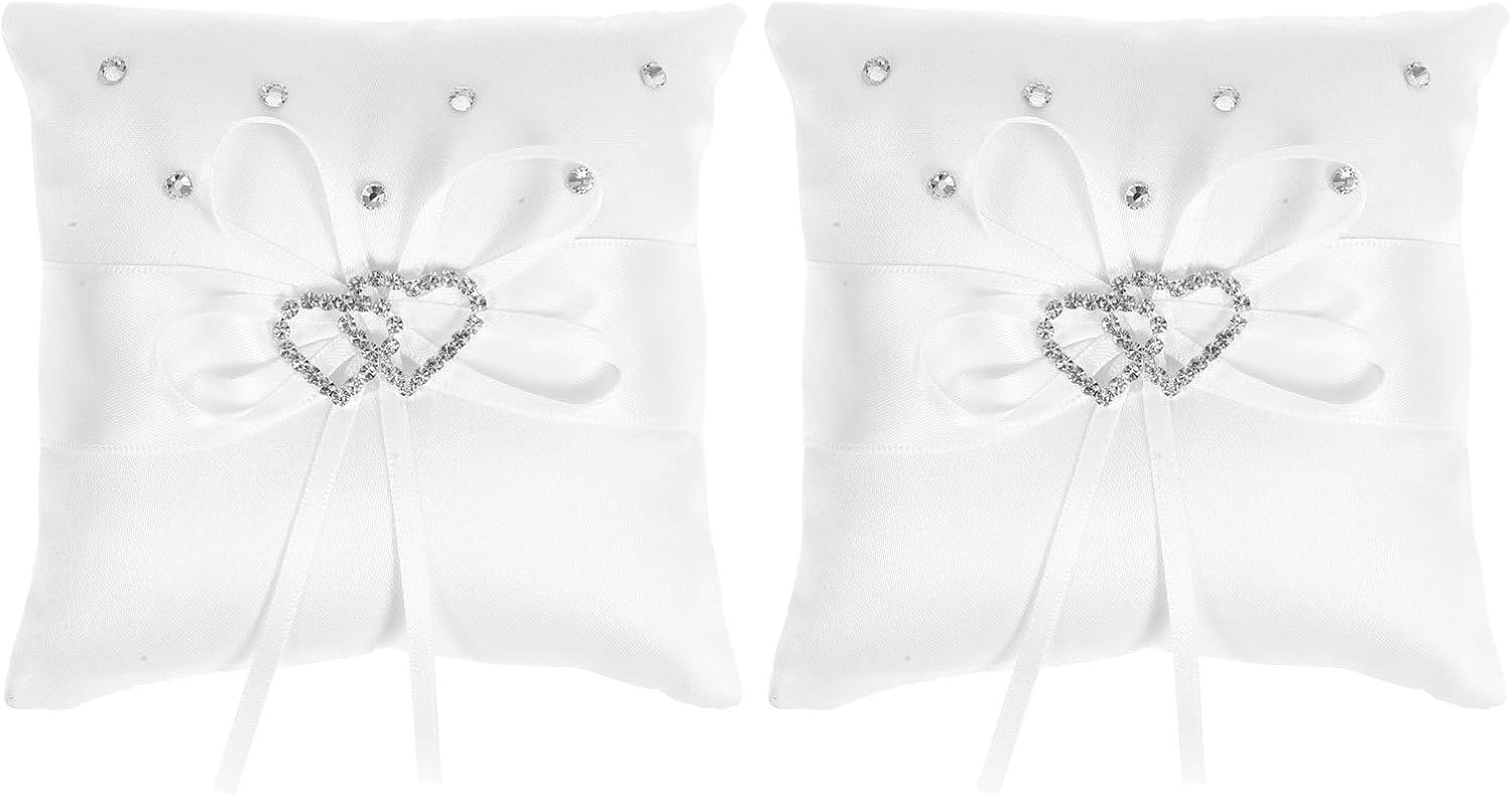 UKCOCO 2pcs Modern White Ring Pillow for Wedding, Heart Ring Bearer Pillows with Ribbon Bow, Ceremony Accessory for Bride and Groom, Engagement Keepsake