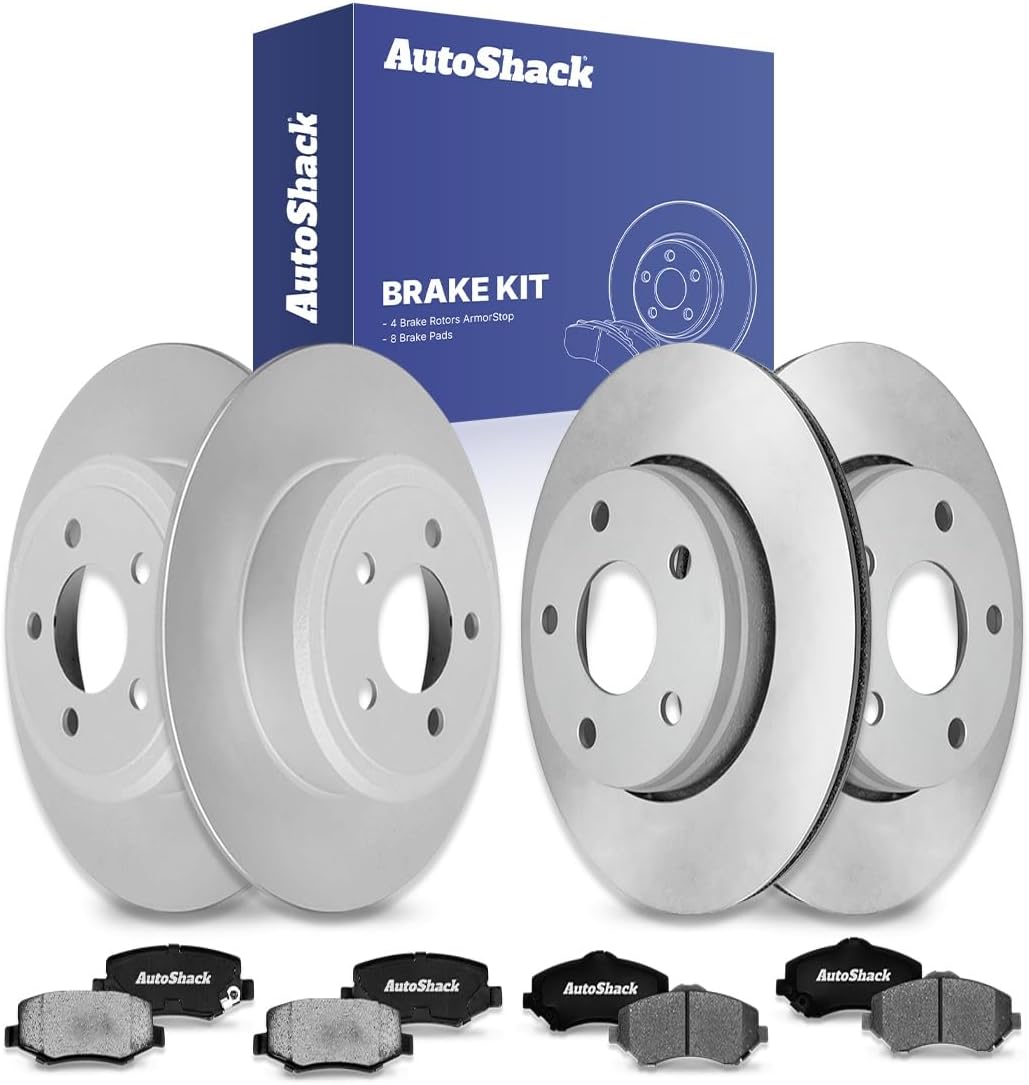 AutoShack Front & Rear Brake Rotors & Ceramic Pads for Jeep, Wrangler 2007-2017 Wrangler JK 2018, 4WD RWD V6 3.6L 3.8L - Coated Drilled & Slotted - Black Matte Finish - BlackShield