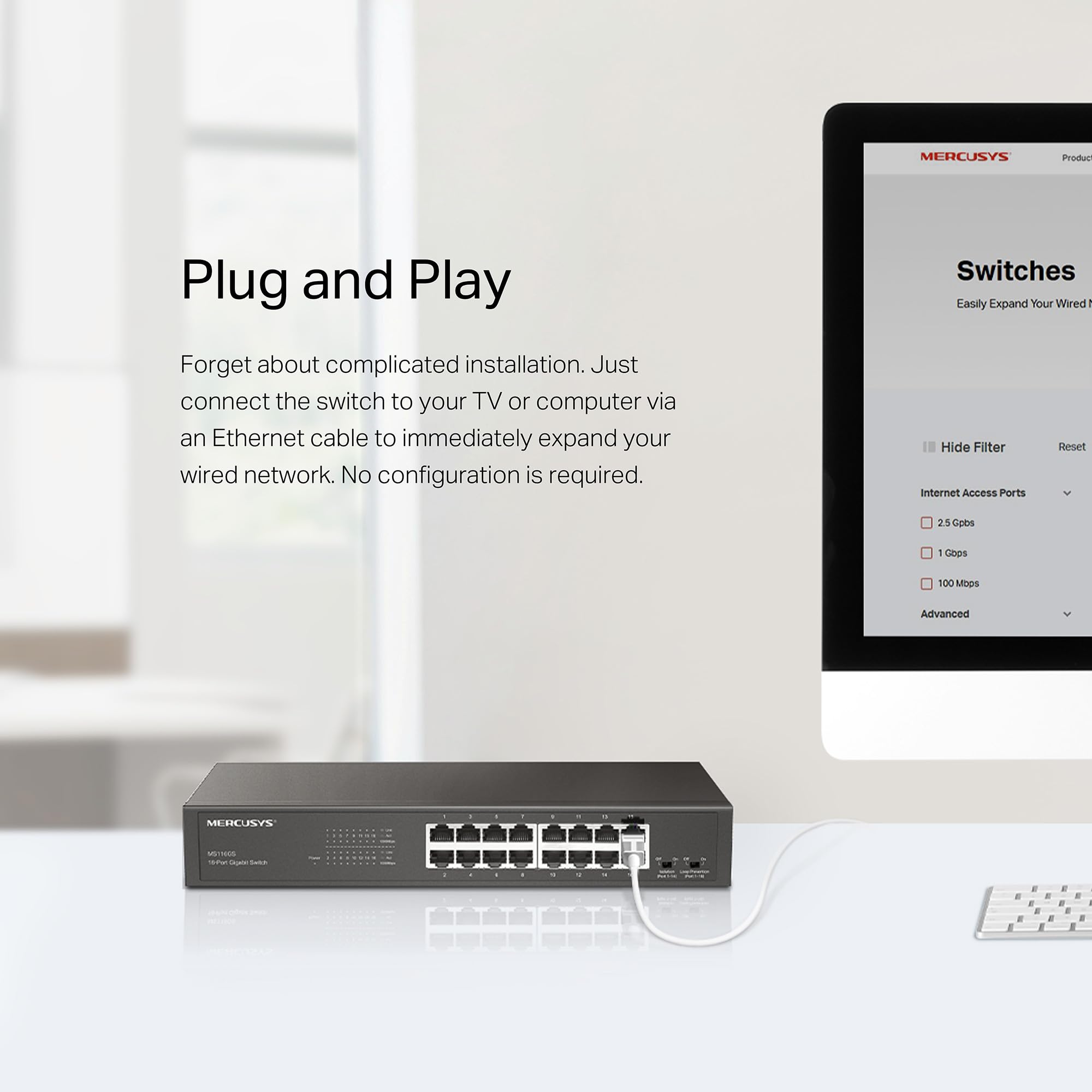 Mercusys MS116GS Switch Gigabit 16 Puertos, Montaje de Escritorio o Bastidor, Plug & Play, prioridad de tráfico, prevención de Bucle, Modo de Aislamiento, Funcionamiento silencioso, Carcasa de
