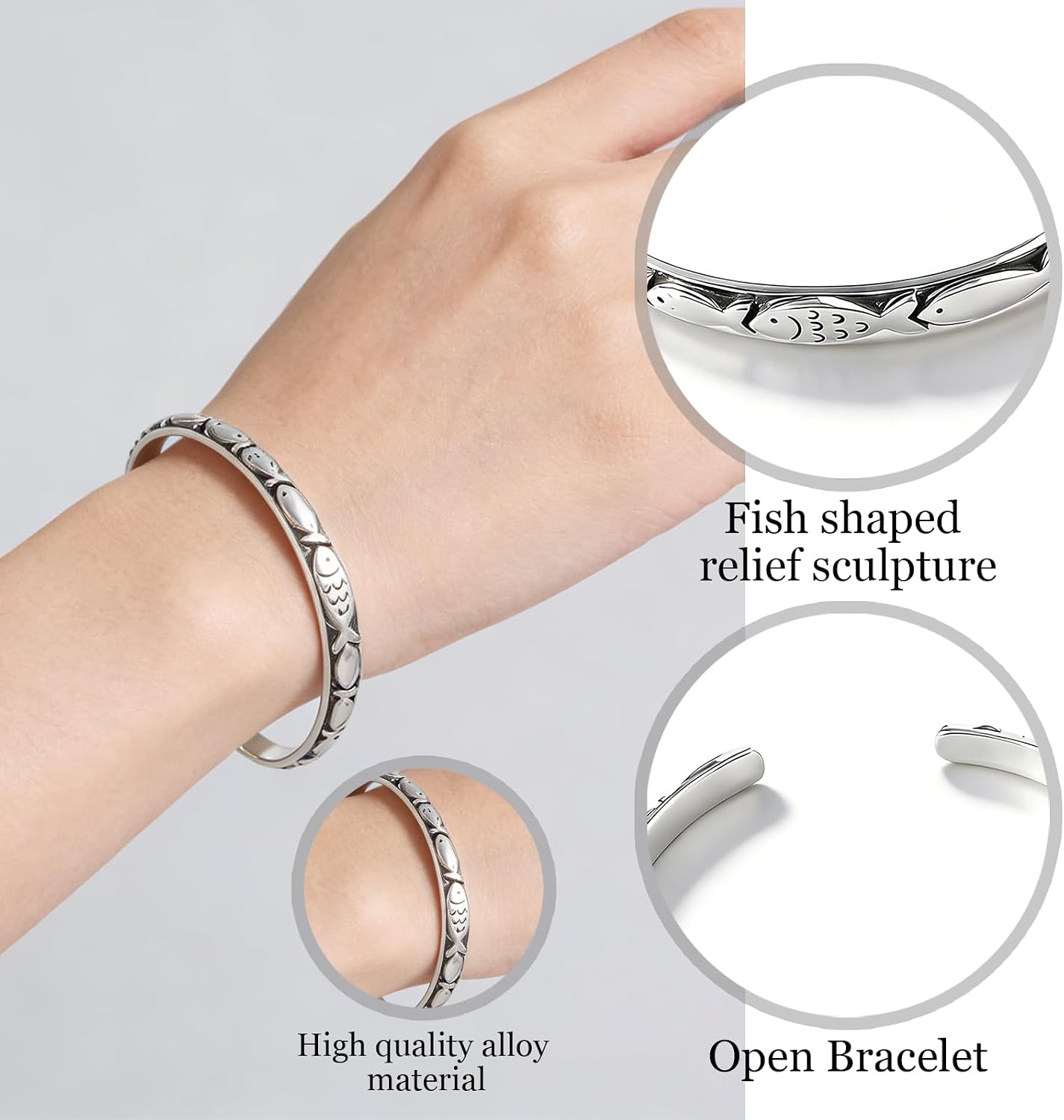 1 Pcs Fish Bracelet,Chunky Fish Bangle Bracelets for Women Men,Textured Open Cuff Adjustable Statement,Bracelets Jewellery Women Men,Jewelry Gifts(Silver)
