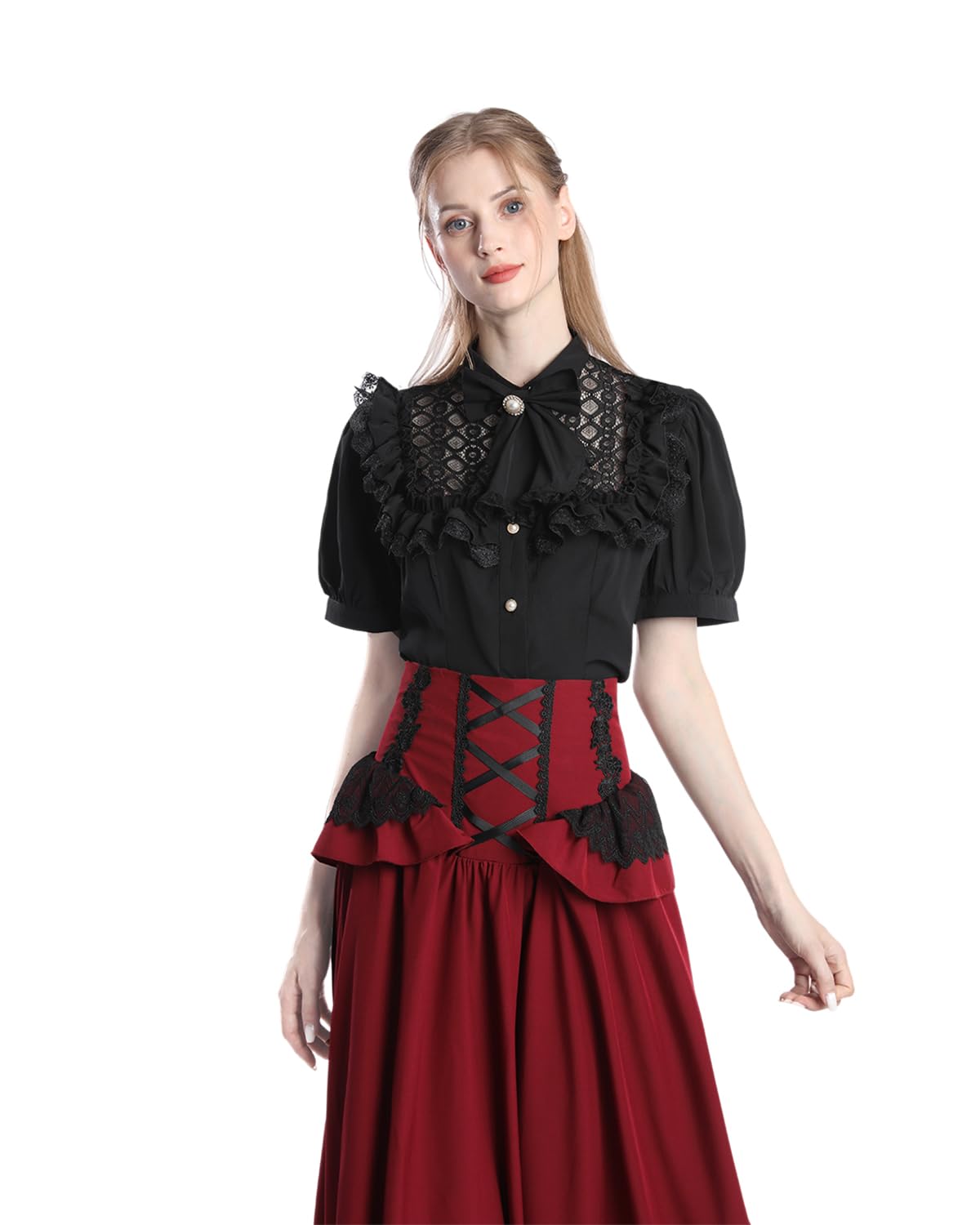 Fiamll Camicetta da donna vittoriana vintage con fiocco, colletto alto con volant a maniche lunghe, K-nero.