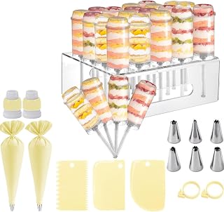 BSL 26 Pack Round Shape Clear Push-Up Cake Pop Shooter (Push Pops) Plastic Containers with Lids and 20 Holes Cake Pop Stand with piping bags,cutter tools