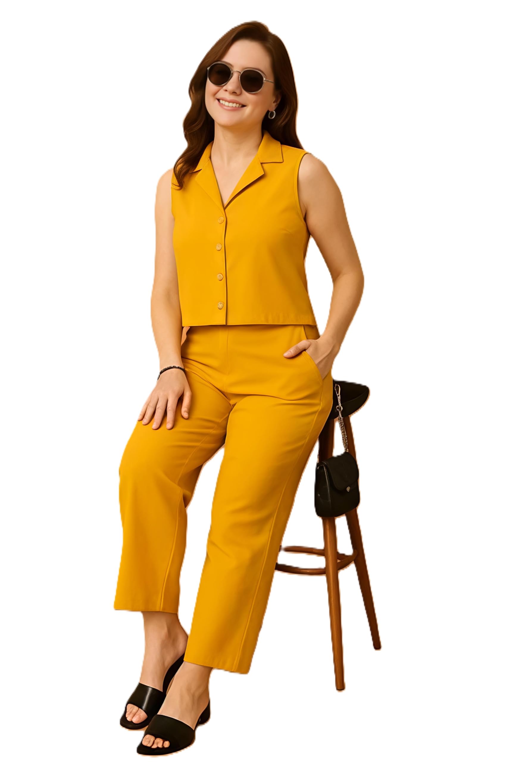 Women's Solid Waist-Coat Relaxed Fit Co-ord Set Brown-image-36