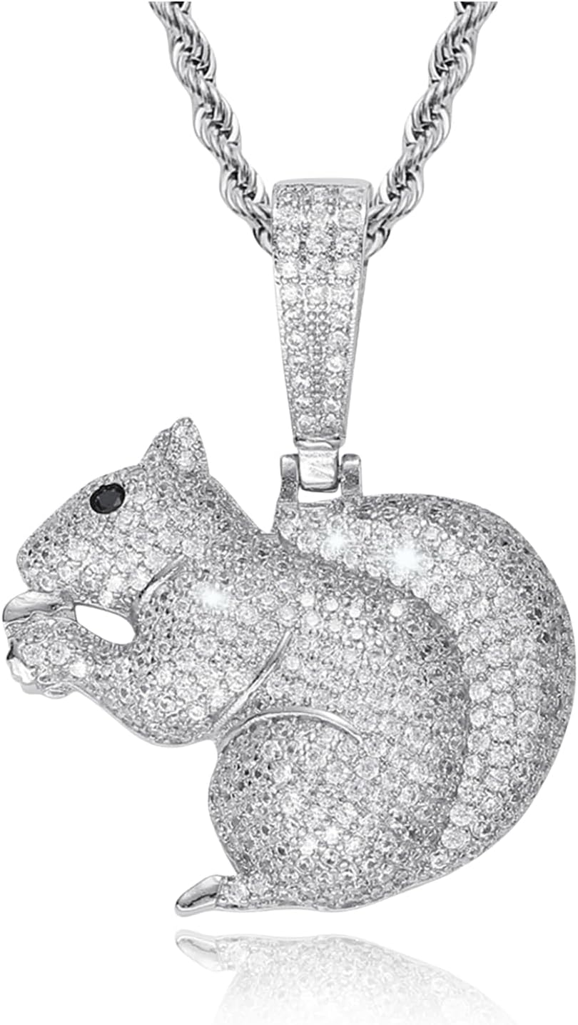 ICEDIAMOND 14K Gold Plated Bling Squirrel with Chestnut Chain Necklace, Urban Style Iced Out Shine Zirconia Cute Forest Animal Pendant, Hip Hop Charm Jewelry for Men & Women