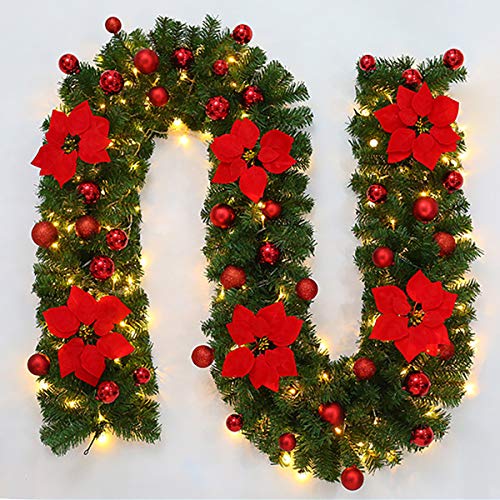 9 Feet Christmas Garland with Lights Christmas Decorations Artificial Wreath with Berries and Pine Cones for Front Door Mantle Stairs Wall Fireplace Xmas Tree Decoration