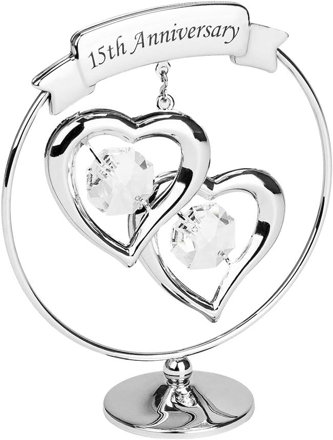 Haysom Interiors Modern 15th Anniversary Silver Plated Metal Keepsake Gift Ornament with Clear Austrian Crystal Glass by Happy Homewares